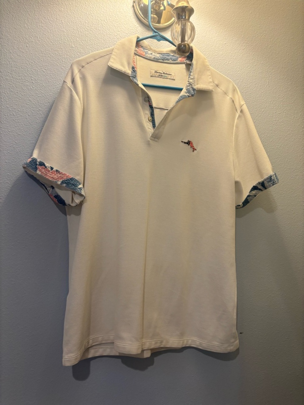 Tommy Bahama Cream Polo with Blue & Pink Floral Trim
